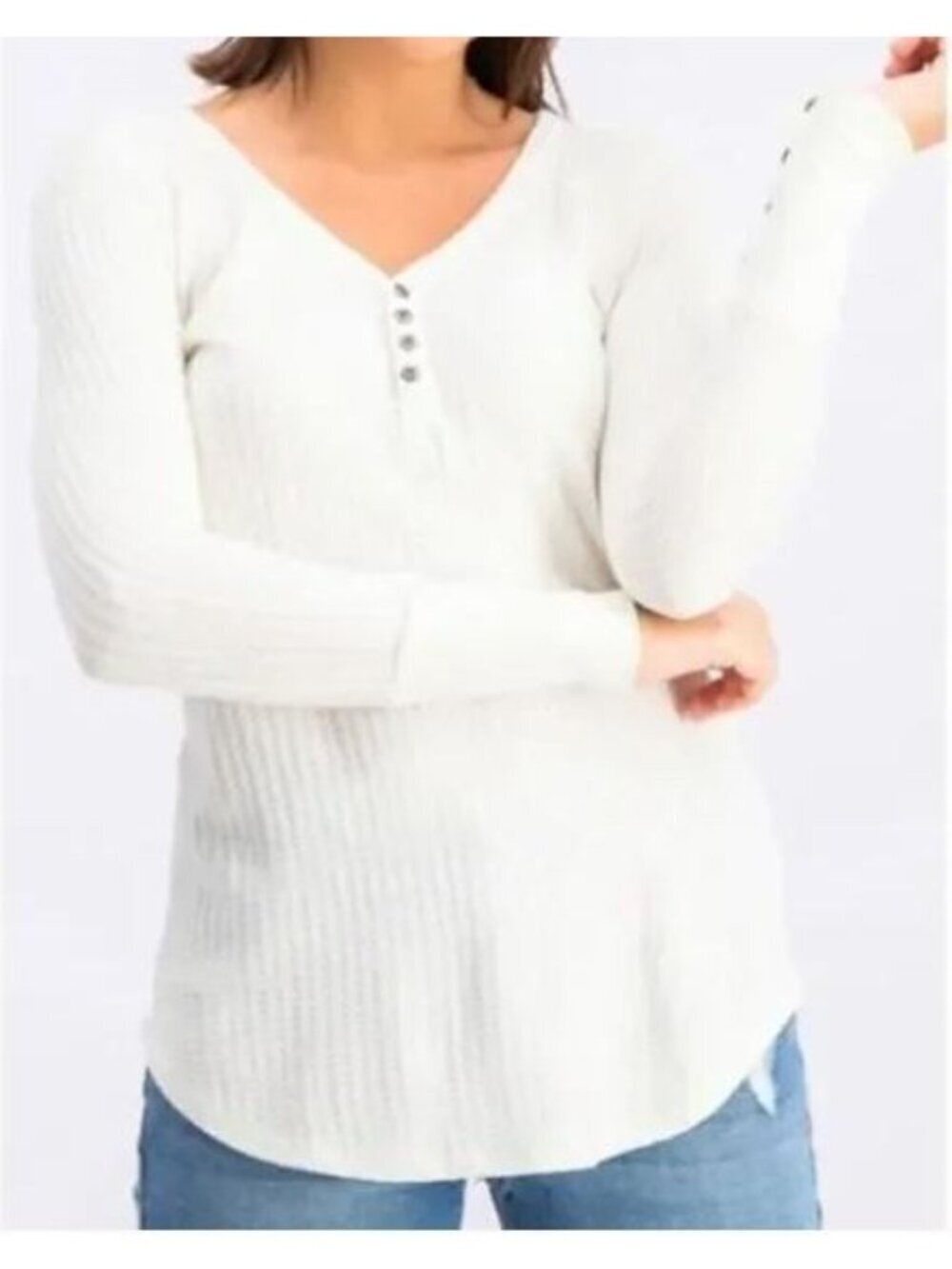 Chaser Top Womens Large White Henley Thermal Button Cuff V Neck Boho Outdoor